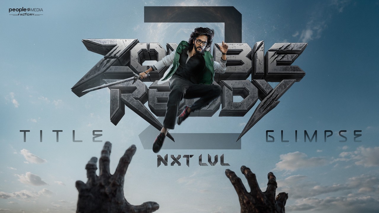 Zombie Reddy 2 NXT LVL title announcement still of Teja Sajja facing a Hyderabad zombie surge